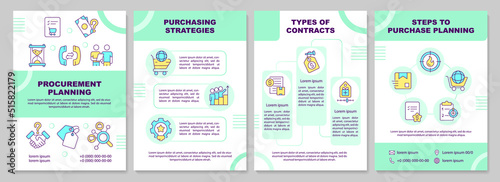 Strategic procurement green brochure template. Contracts types. Leaflet design with linear icons. Editable 4 vector layouts for presentation, annual reports. Arial-Black, Myriad Pro-Regular fonts used