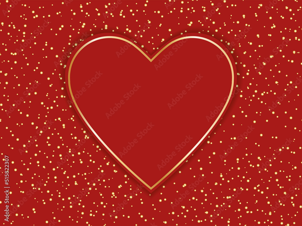 Red heart with golden glowing frame and sparkles. Vector illustration. Background with gold glitter particles.