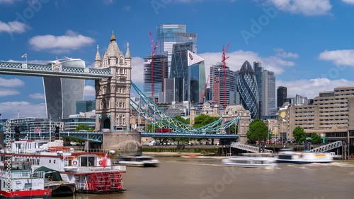 Day Timelapse view of Tower Bridge, the London skyline and the Thames River