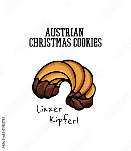 Vector card with hand drawn traditional Austrian Christmas biscuit - Linzer Kipferl. Ink drawing, graphic style. Beautiful food design elements.