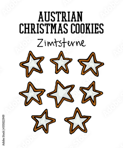 Vector card with hand drawn traditional Austrian Christmas biscuits - Zimtsterne  Cinnamon Stars. Ink drawing  graphic style. Beautiful food design elements.