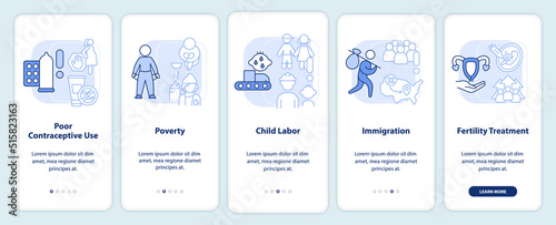 Causes of overpopulation light blue onboarding mobile app screen. Walkthrough 5 steps editable graphic instructions with linear concepts. UI, UX, GUI template. Myriad Pro-Bold, Regular fonts used photo