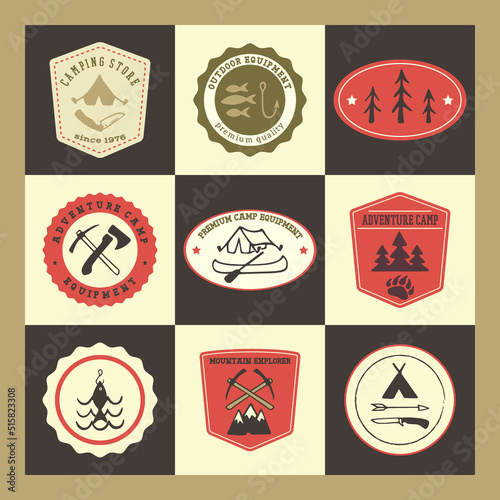 Vector collection of camping badges. Beautiful vector graphics with hand drawn camping elements. Outdoor icons, badges and labels design.