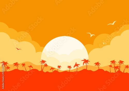 Tropical island vector poster with sun and clouds, palms silhouette on poster horizone seascape background for design