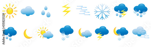 Weather icon set. Vector icons for web. Forecast weather flat symbols. Mobile UI. Contains icons of the sun, clouds, snowflakes, storms, rain, and more.
