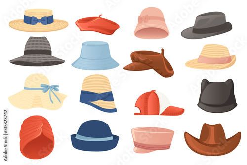 Big set of different summer modern and retro hats male and female headdress vector illustration isolated on white background