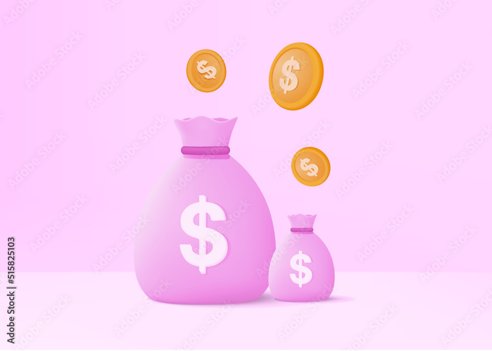 3D money bags and coin stack saving in background. Money bags growing business concept for finance 3D money bags and coin stack saving in background. Money bags growing business concept for finance