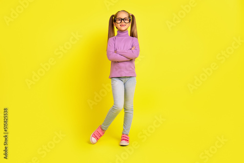 Full size photo of smart schoolkid cross hands ready answer lesson question isolated vivid color background