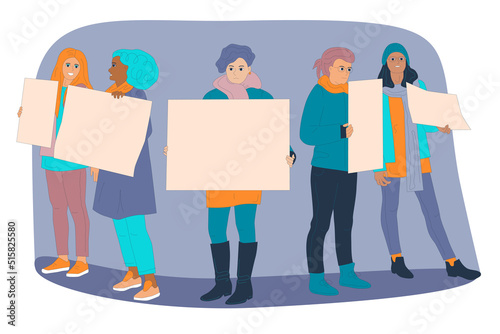 Woman protest concept. Diversity girls with placards. Variety ladys protesters stand together. Against sexism discrimination, violence, harassment abuse or other.