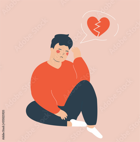 Sad man with broken heart and gloomy thoughts. Teenage boy has problems in relationship with love heartache. Young male feeling upset because of break up with his lover. Heartbroken concept.
