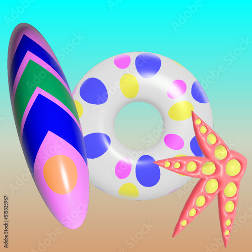 Marine elements in 3d vector , circle, star, wakeboarding.