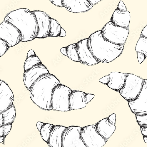 Black and white hand drawn doodle French croissant seamless pattern on light beige background for bakery wrapping paper