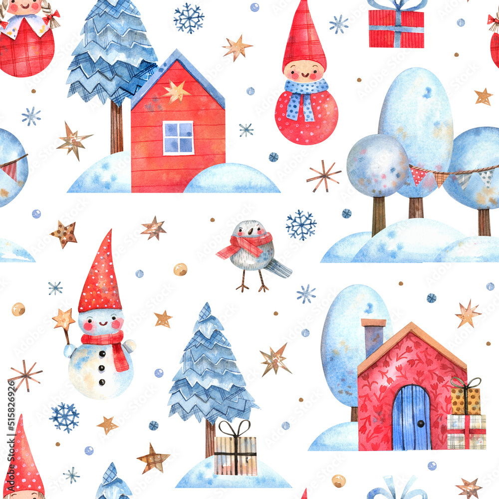Christmas, New Year background with red, Scandinavian houses in the snow, cute characters, stars and snowflakes. Watercolor, seamless pattern with winter landscape, snowmen and gnomes. 