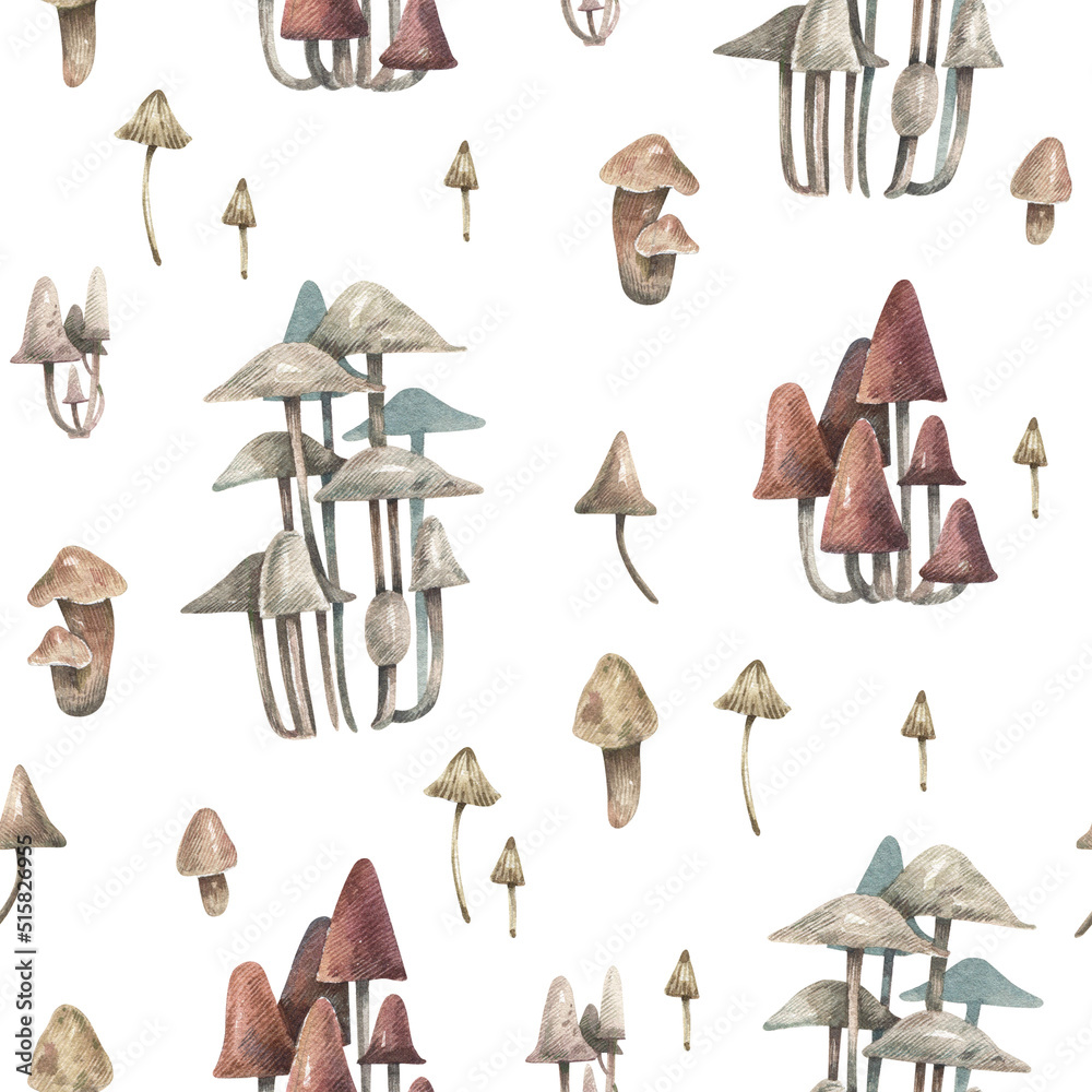 Watercolor, seamless pattern with mushrooms, toadstools on a white background. Hand-drawn forest, wild mushrooms background. Watercolor, seamless pattern with mushrooms, toadstools on a white background. Hand-drawn forest, wild mushrooms background.