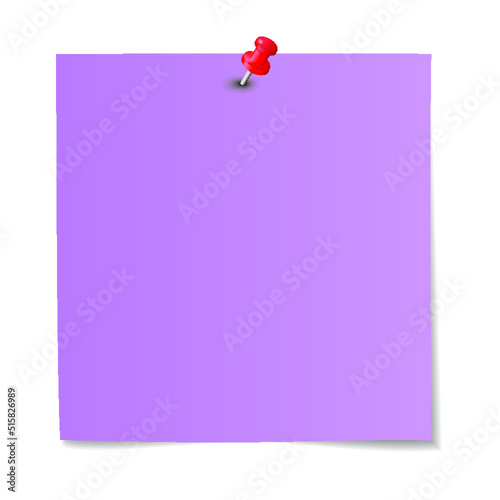 Violet paper note with red pushpin isolated on a white background