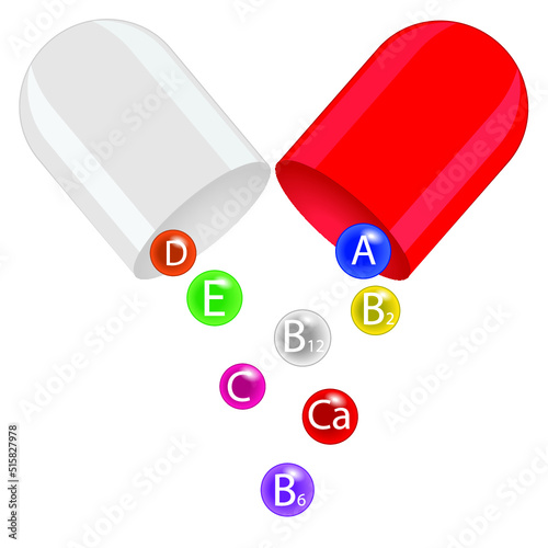 Vitamin complex of pill capsule, color vitamins bubbles  isolated on a white background