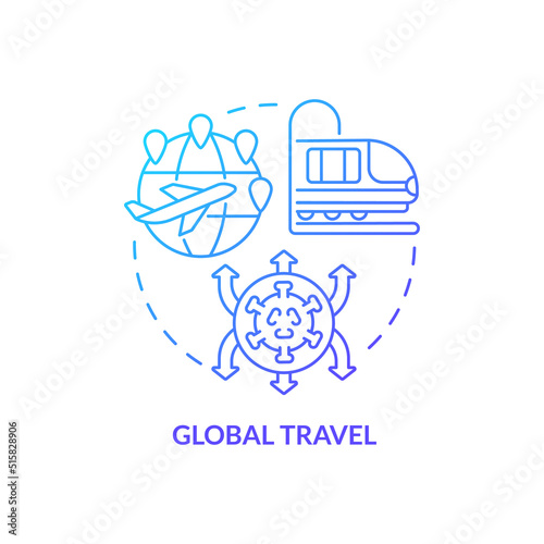 Global travel blue gradient concept icon. Virus spreading. Reason for increased risk of pandemic abstract idea thin line illustration. Isolated outline drawing. Myriad Pro-Bold fonts used