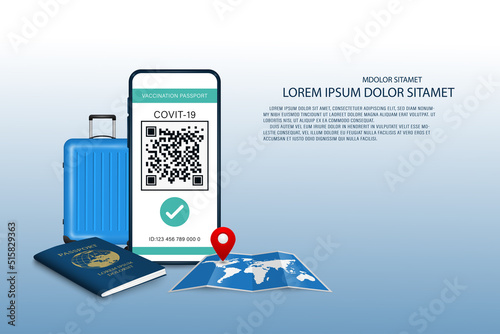 Vector online heart passsport concept. Digital certificate vaccine Covic-19 with QR code.Travel documents. Smartphone, World map, Blue luggage and passport booking.