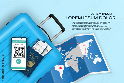 Vector online heart passsport concept. Save travel documents. Digital certificate vaccine Covic-19 with QR code. Smartphone, World map, Airplane ticket, Blue luggage and passport booking.