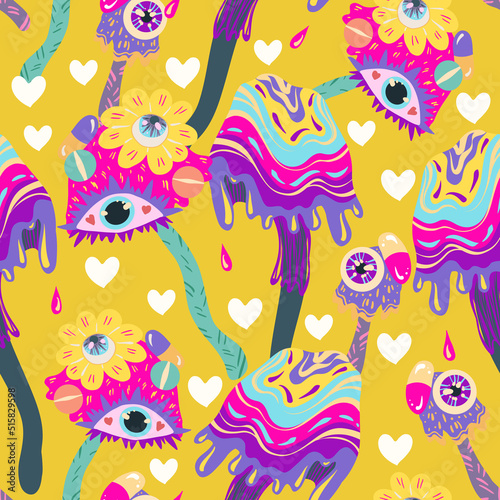 1970 style, Groovy. Neon colors, psychedelic mushrooms. Vector seamless Pattern. Yellow background, wallpaper, cartoon style