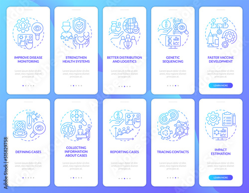 Disease monitoring blue gradient onboarding mobile app screen set. Walkthrough 5 steps graphic instructions with linear concepts. UI, UX, GUI template. Myriad Pro-Bold, Regular fonts used