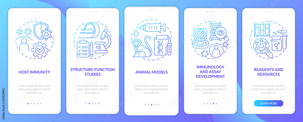 Pandemic preparedness preclinical study blue gradient onboarding mobile app screen. Walkthrough 5 steps instructions with linear concepts. UI, UX, GUI template. Myriad Pro-Bold, Regular fonts used