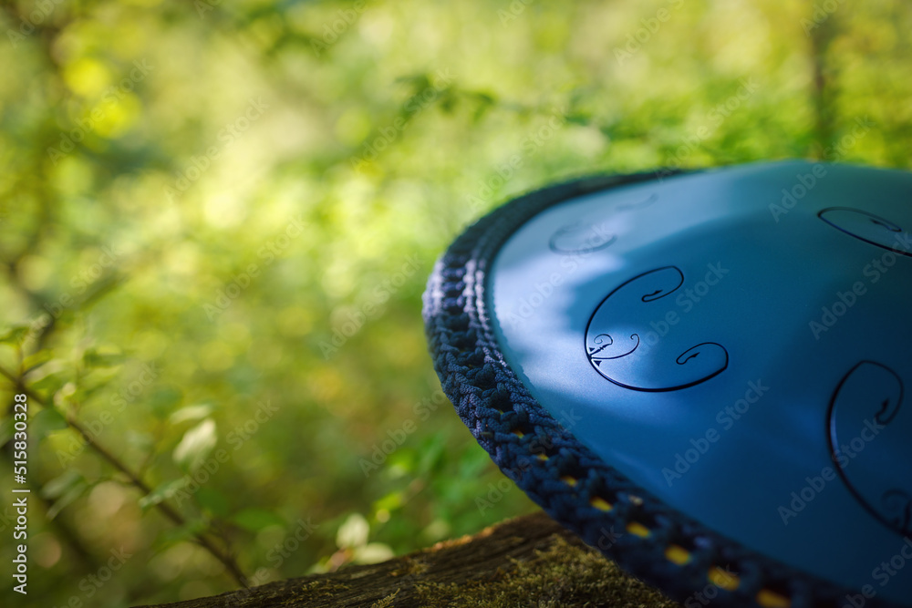 A closeup view a tongue drum musical instrument metal drum with