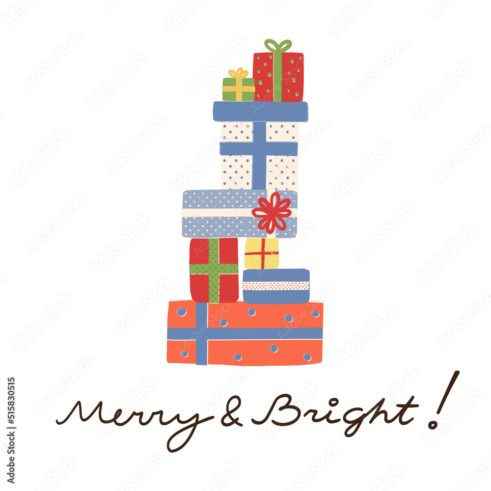 Stack of gift boxes with ribbons and bows and Merry and Bright lettering. Christmas or New Year greeting card design.