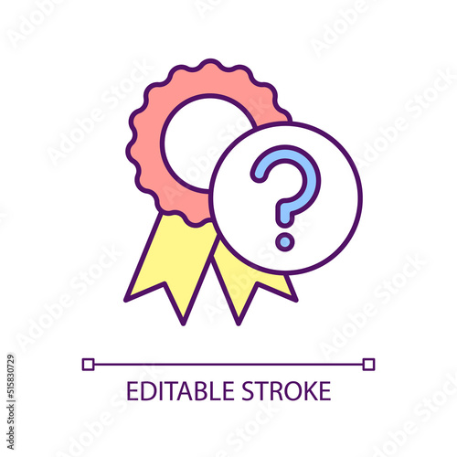 Suspicious quality RGB color icon. Missing badge and award. Questionable award. Question mark. Isolated vector illustration. Simple filled line drawing. Editable stroke. Arial font used