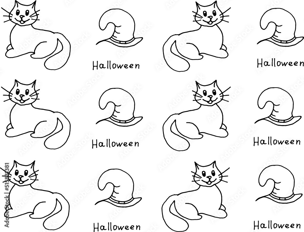 Set of witch hats and funny cats with inscription halloween. Halloween concept. Halloween background with witch hats and cats drawn with black marker on white paper. Set of witch hats and funny cats with inscription halloween. Halloween concept. Halloween background with witch hats and cats drawn with black marker on white paper.