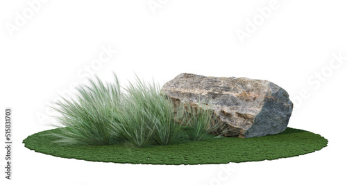 The garden is decorated with grass and stones. On a white background
