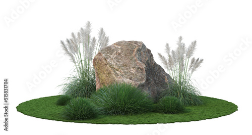The garden is decorated with grass and stones. On a white background