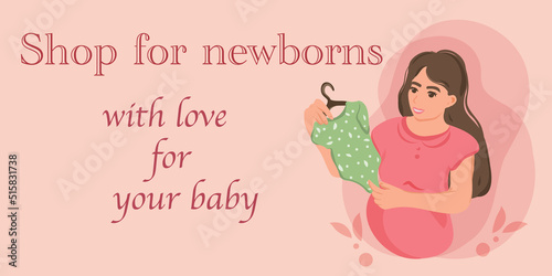 Cute pregnant mom banner for baby clothes store, online shopping, kids fashion social media promotion, web advertisement, website template and fair. Flat vector illustration