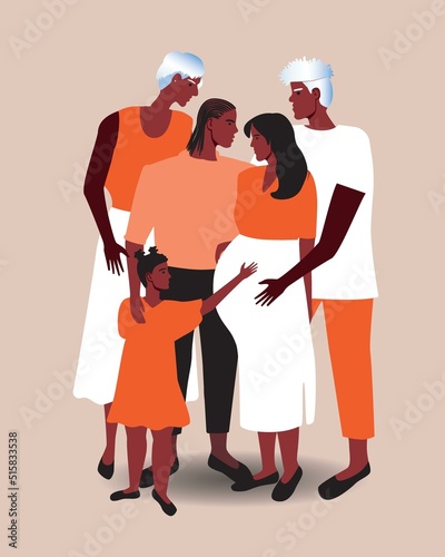 African pregnant family isolated, flat vector stock illustration as Juneteenth community, grandperents with parents and children