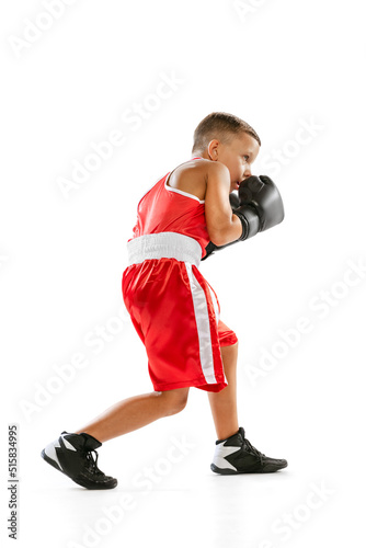 Portrait of active boy, beginner boxer in sports gloves and red uniform isolated on white background. Concept of sport, movement, studying, achievements, lifestyle. © master1305