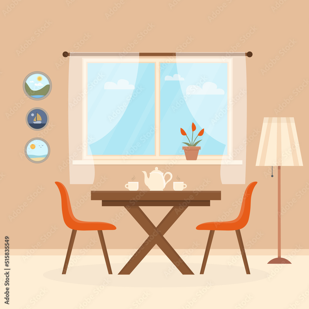 Fototapeta premium Cosy kitchen interior design with furniture and window with curtain. Dining table in kitchen with chairs, cups and teapot, lamp, pictures, elements of room decor. Flat style vector illustration