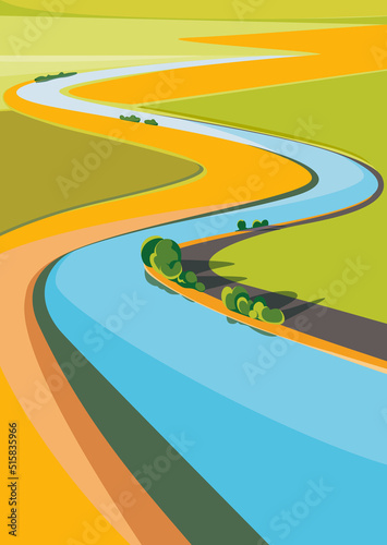 Landscape with river on sunny day. Natural scenery in vertical format.