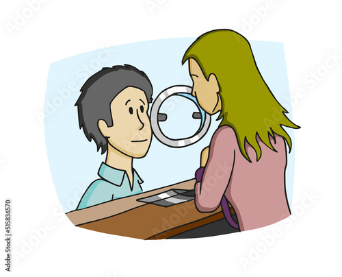 Man office worker cute character serving a client, customer behind the glass of a counter. Bank, bus, train station. Colorful cartoon style vector illustration.