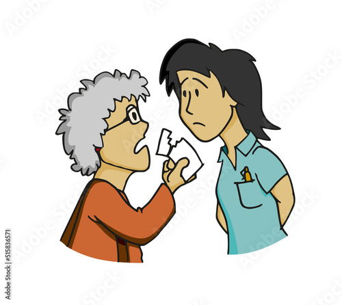 Cute worried old woman telling to a worker woman that she has a problem with a broken ticket. Customer support. Colorful cartoon style vector illustration.