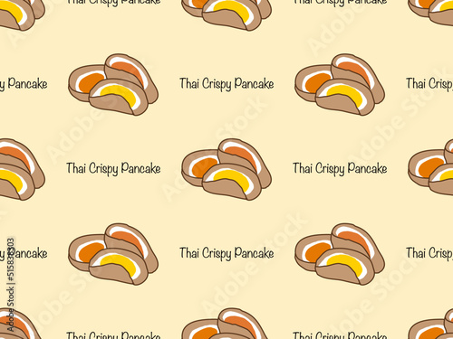 Thai crispy pancake cartoon character seamless pattern on yellow background. Pixel style