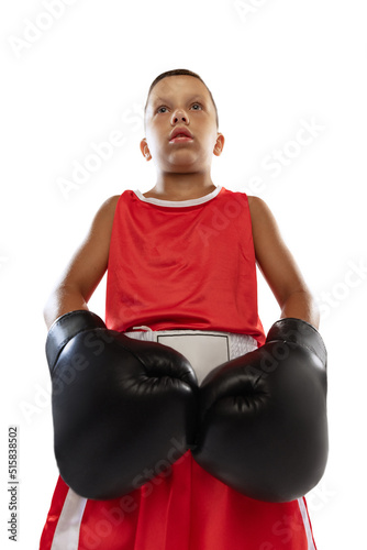 Portrait of kid, young boxer in boxing gloves and red unifprm posing isolated on white studio background. Concept of sport, competition, ad, team.