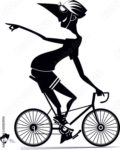 Cartoon man rides a bike. 
Smiling man in helmet on the bike looking back laughs and points a finger to someone or something. Black and white
