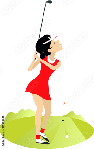 Golfer woman on the golf course illustration. 
Young golfer woman with a golf club tries to do a good shot
