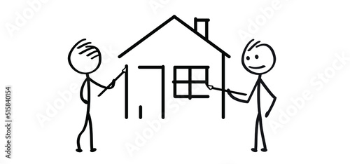 Cartoon Stickman, stick figures man draws a dream house. Artist painting on an easel a home. Drawing and paints the house. Line pattern