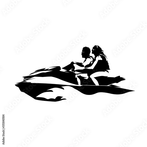 Personal watercraft, PWC, water scooter or jet ski. Couple riding recreational watercraft