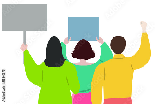 A young woman stands with a poster. View from the back. Flat design colorful illustration isolated on white background.