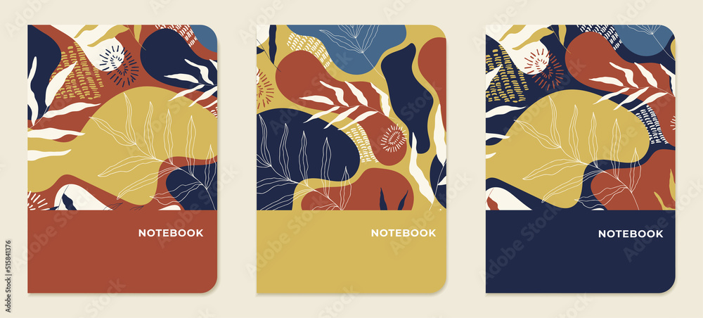 Cover page templates. Abstract layouts with leaves in gold, blue and red shades for notepads, planners, brochures, books, catalogues. Vector.