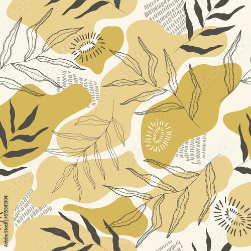 Botanical seamless pattern on white background. Trendy abstract pattern  tropical leaves  gold  pastel earthy colours. Vector illustration.
