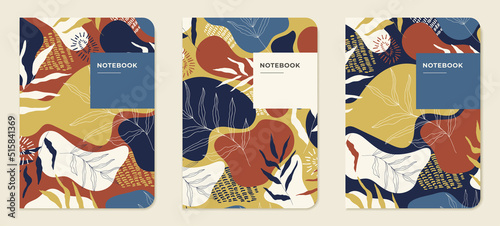 Cover page templates. Abstract botanical layouts with leaves in blue, red and yellow for notepads, planners, brochures, books, catalogues. Vector.