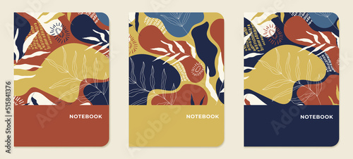 Cover page templates. Abstract layouts with leaves in gold  blue and red shades for notepads  planners  brochures  books  catalogues. Vector.